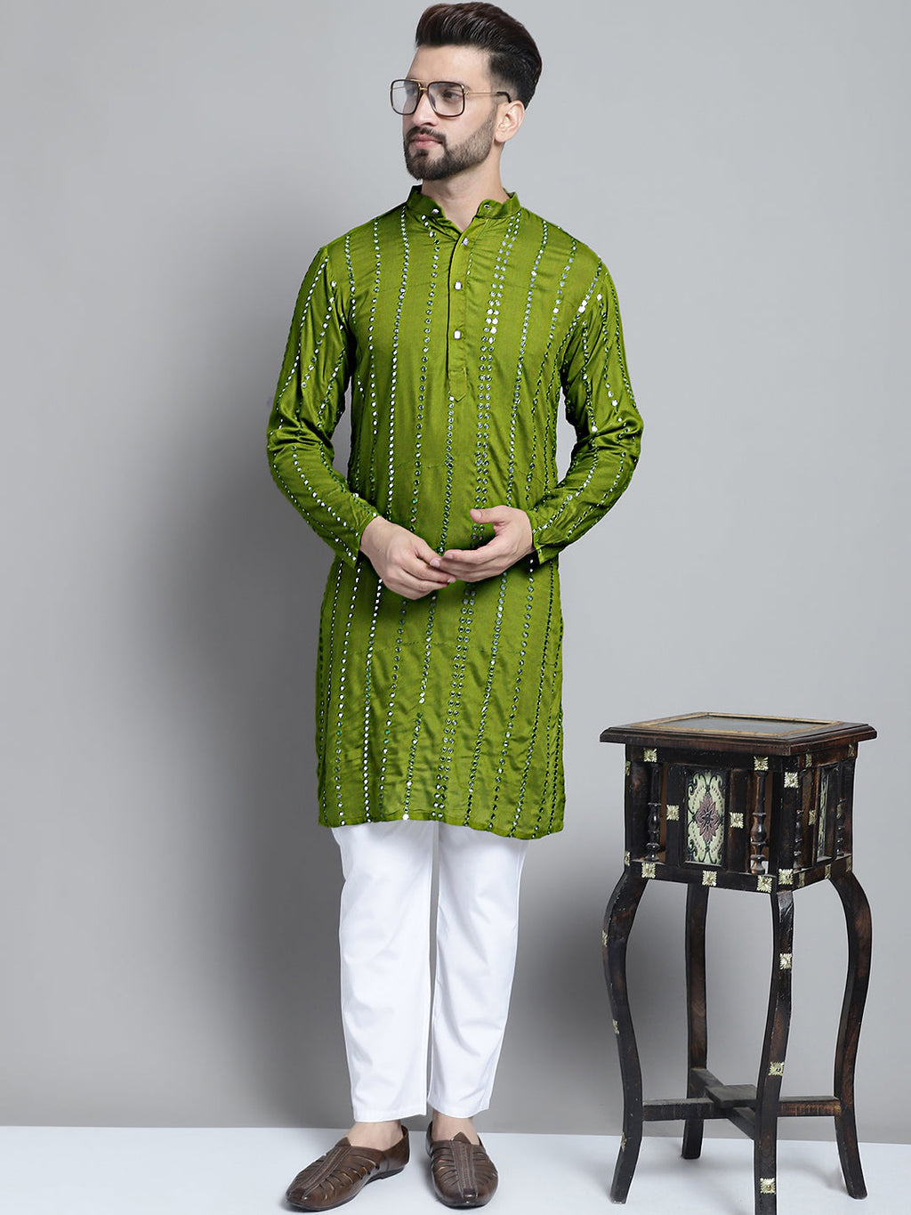 Jompers Men's Embroidered Mirror Work Kurta Only - Olive | Grocsy