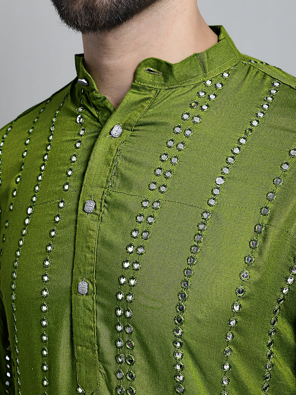 Jompers Men's Embroidered Mirror Work Kurta Only - Olive | Grocsy