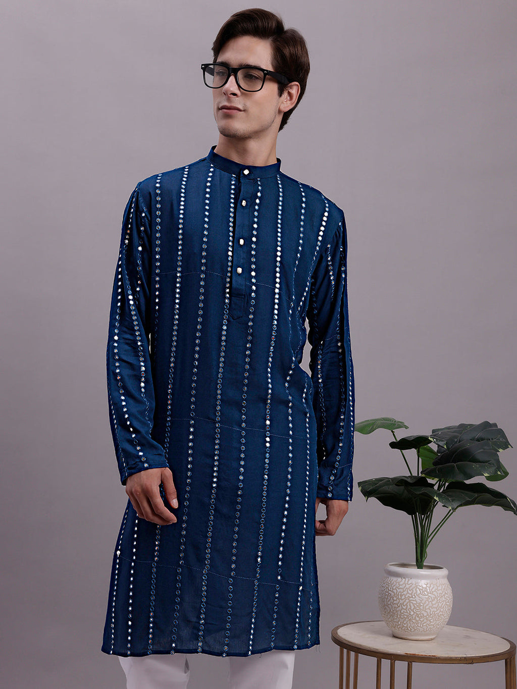 Jompers Men's Embroidered Mirror Work Kurta - Peacock | Grocsy