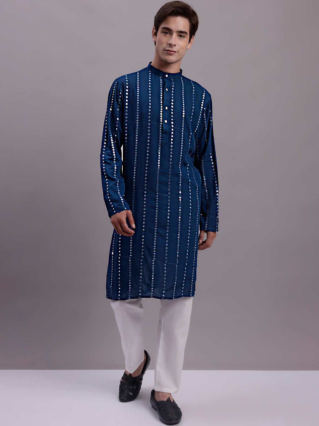 Jompers Men's Embroidered Mirror Work Kurta - Peacock | Grocsy