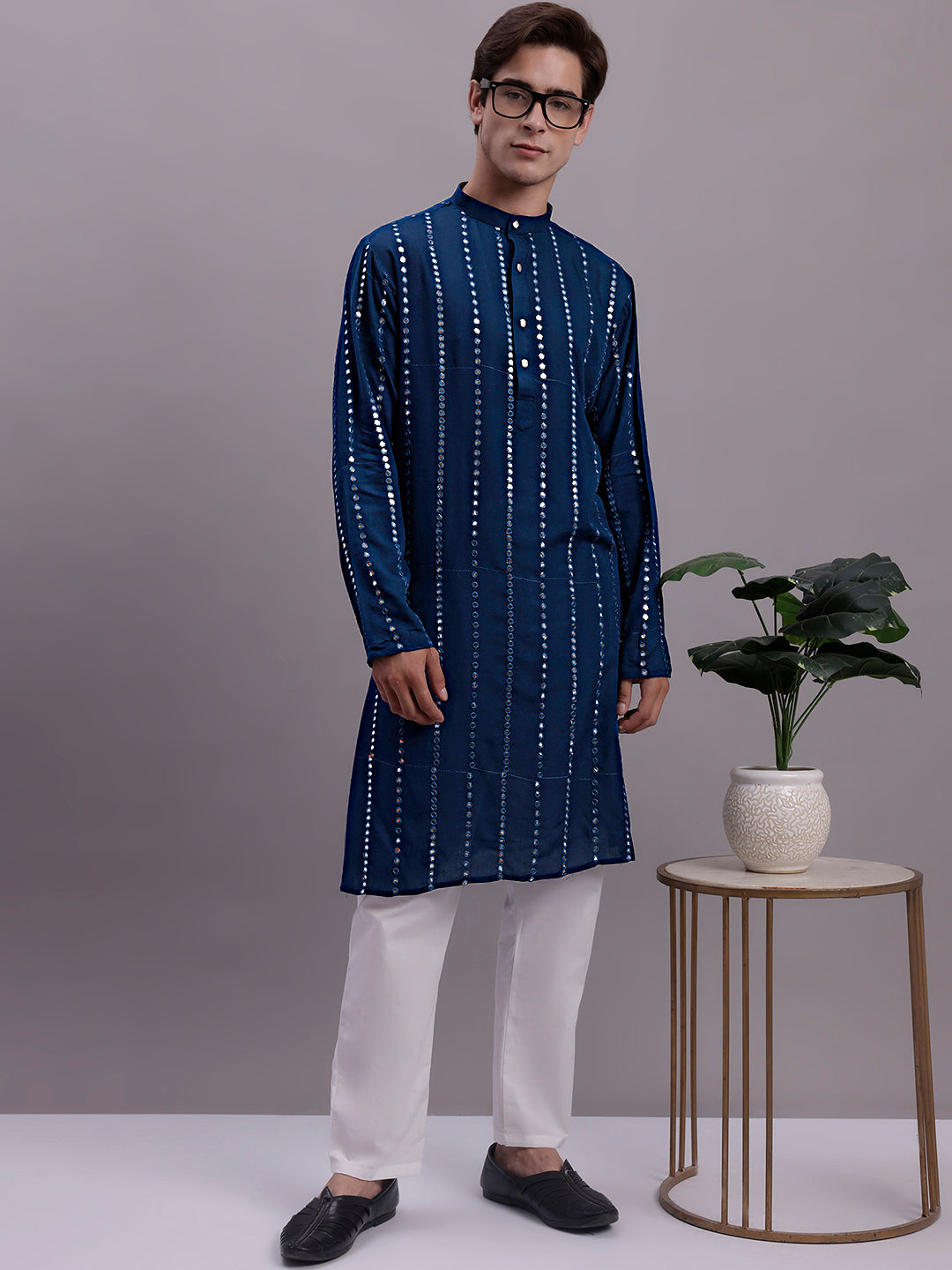 Jompers Men's Embroidered Mirror Work Kurta - Peacock | Grocsy