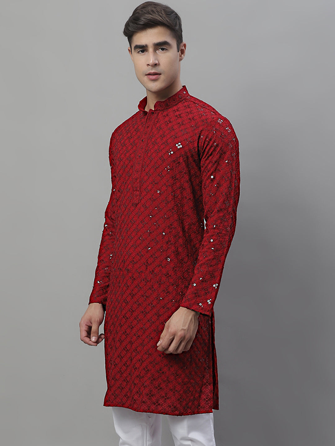 Jompers Men's Maroon Chikankari Embroidered and Sequence Kurta | Grocsy