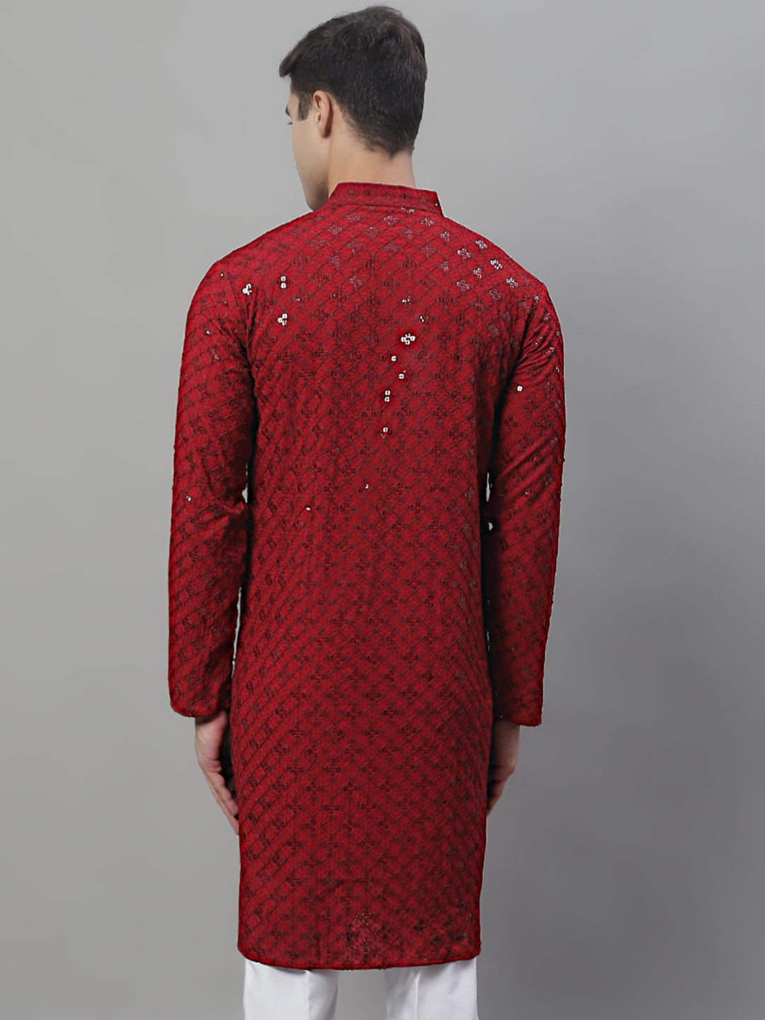 Jompers Men's Maroon Chikankari Embroidered and Sequence Kurta | Grocsy
