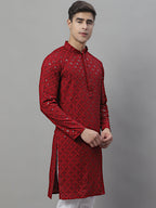 Jompers Men's Maroon Chikankari Embroidered and Sequence Kurta | Grocsy