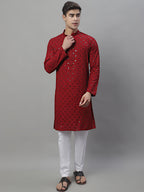 Jompers Men's Maroon Chikankari Embroidered and Sequence Kurta | Grocsy