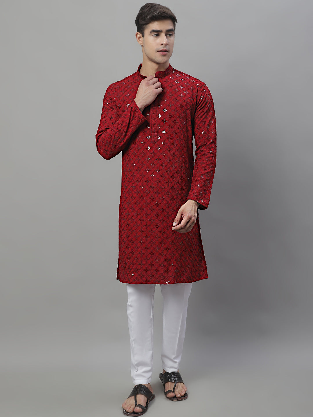 Jompers Men's Maroon Chikankari Embroidered and Sequence Kurta | Grocsy