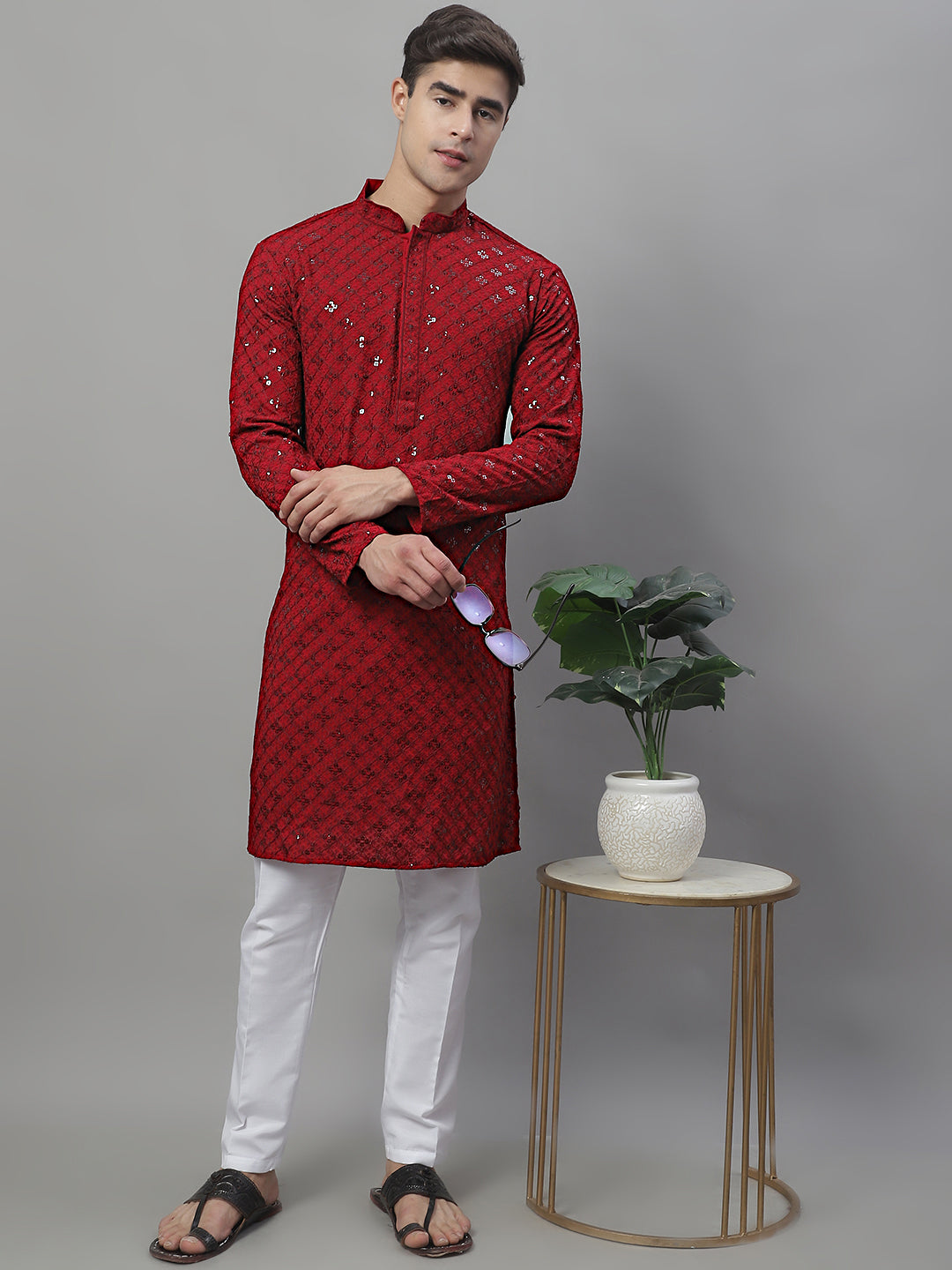 Jompers Men's Maroon Chikankari Embroidered and Sequence Kurta | Grocsy