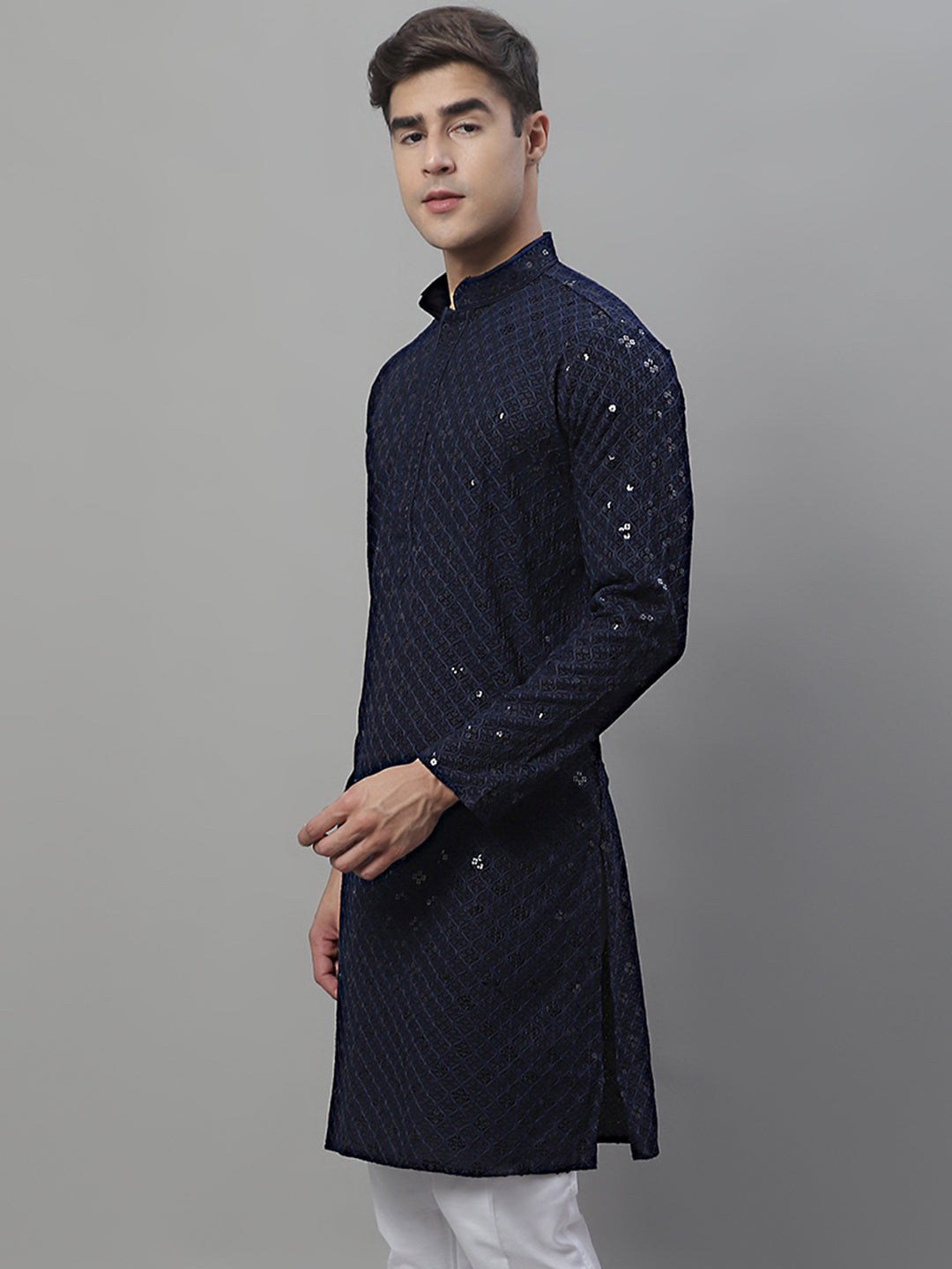 Jompers Men's Navy Blue Chikankari Embroidered and Sequence Kurta | Grocsy