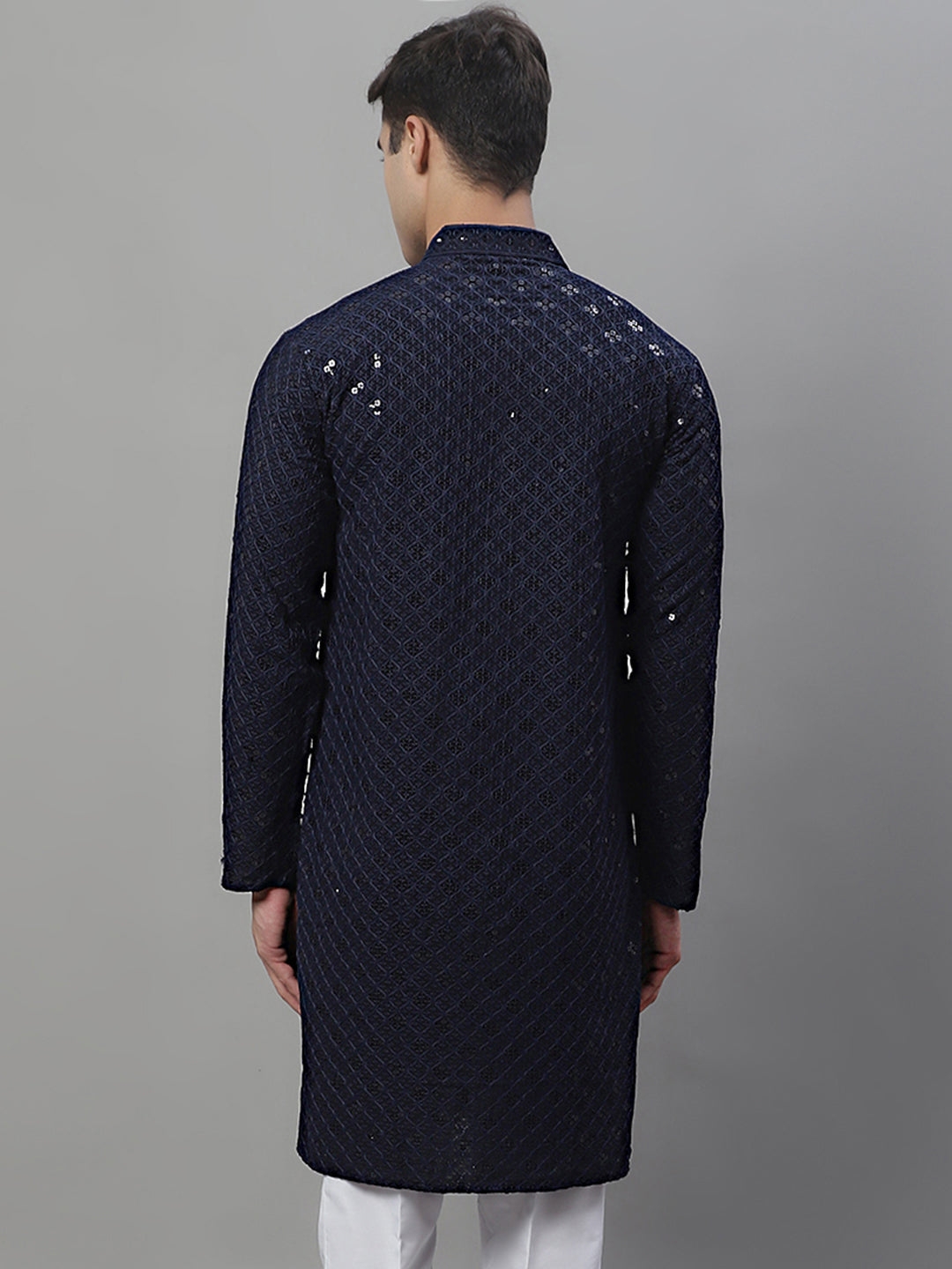 Jompers Men's Navy Blue Chikankari Embroidered and Sequence Kurta | Grocsy