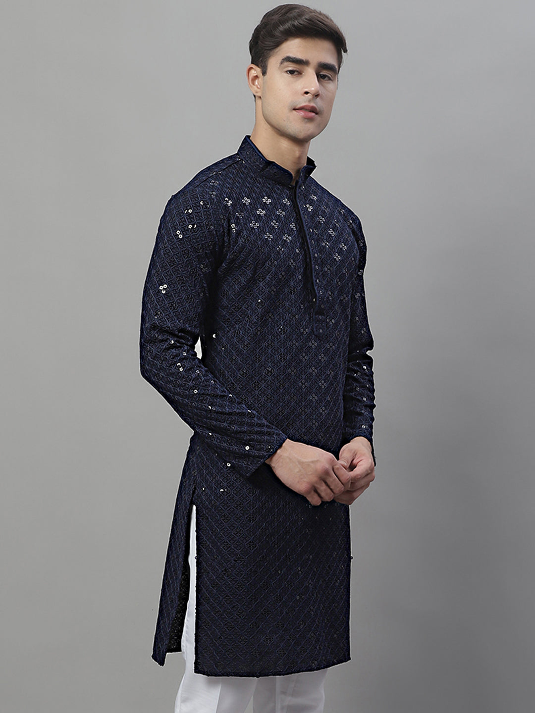 Jompers Men's Navy Blue Chikankari Embroidered and Sequence Kurta | Grocsy