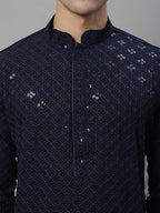 Jompers Men's Navy Blue Chikankari Embroidered and Sequence Kurta | Grocsy