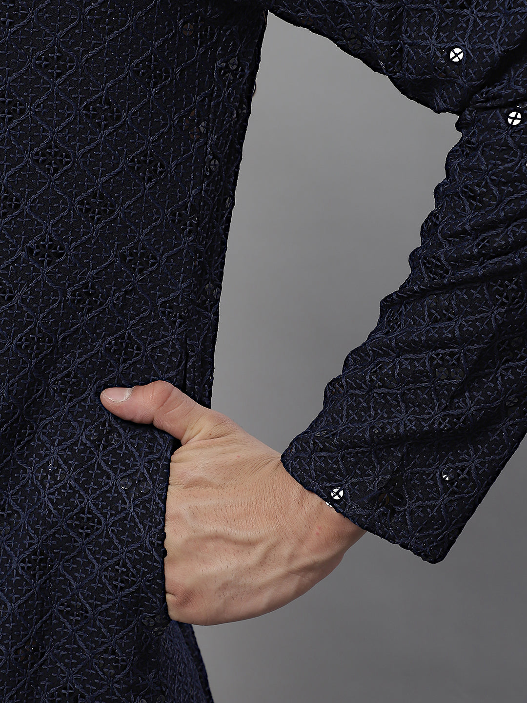 Jompers Men's Navy Blue Chikankari Embroidered and Sequence Kurta | Grocsy