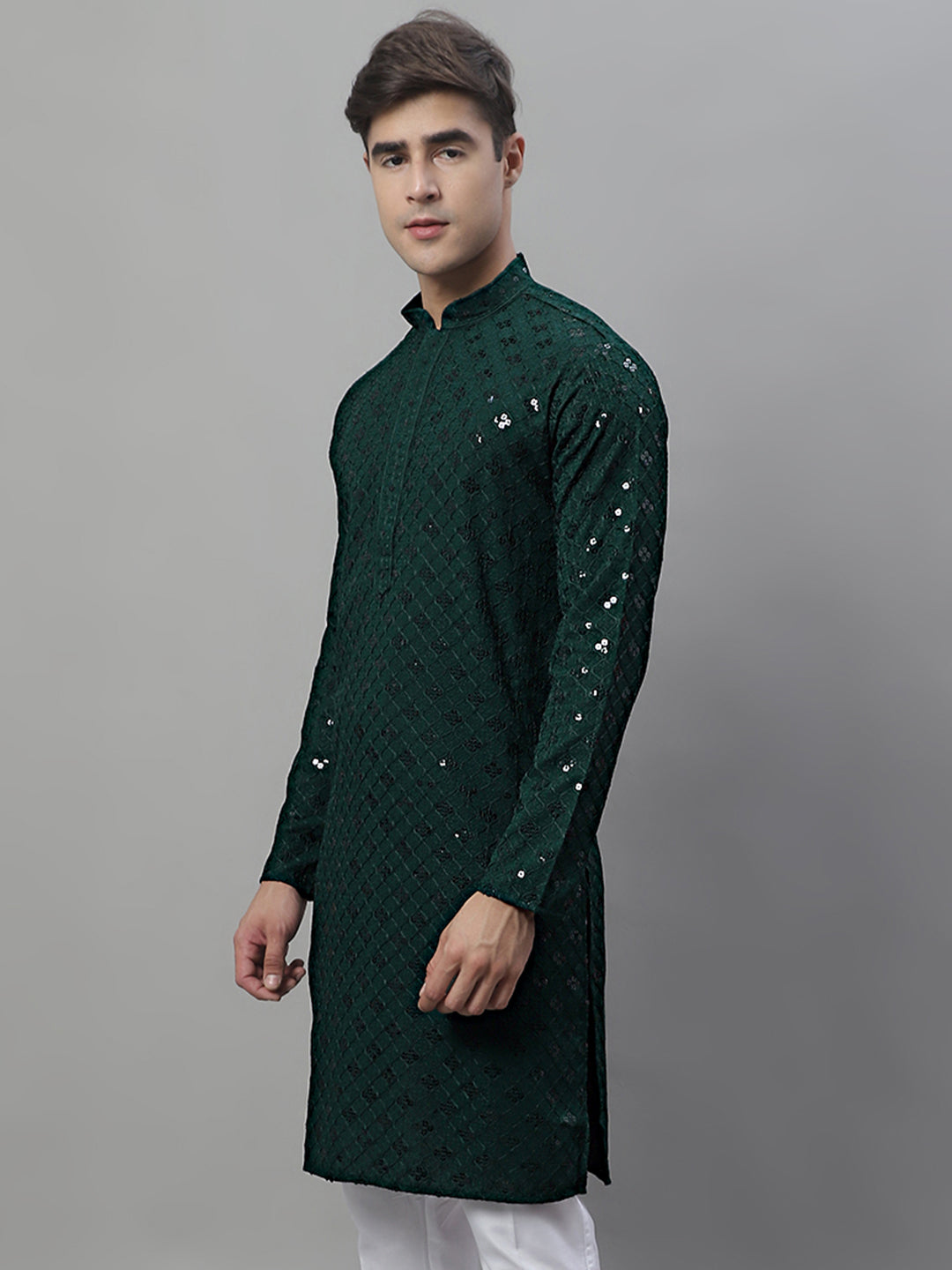 Jompers Men's Olive Green Chikankari Embroidered and Sequence Kurta | Grocsy