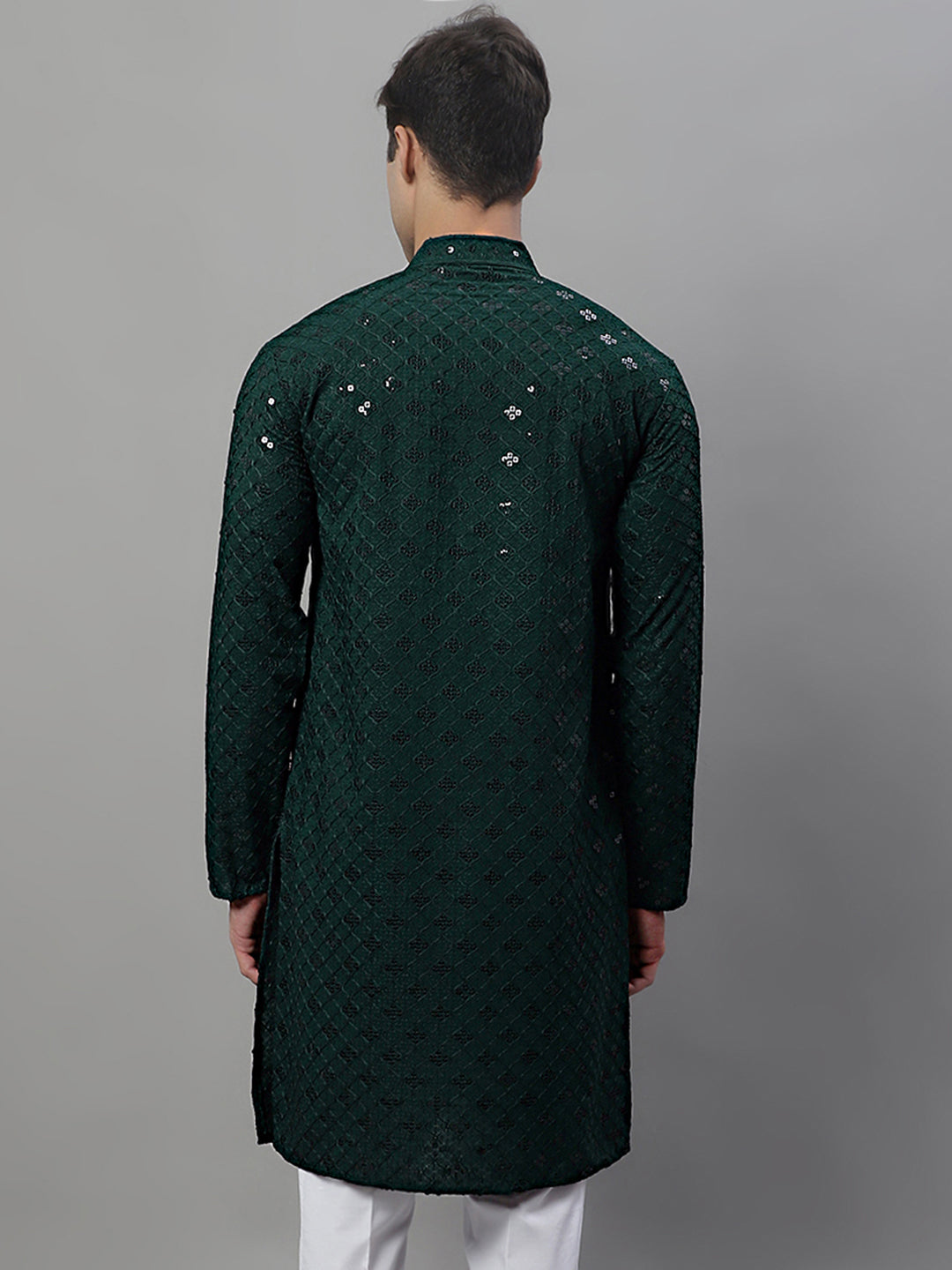 Jompers Men's Olive Green Chikankari Embroidered and Sequence Kurta | Grocsy