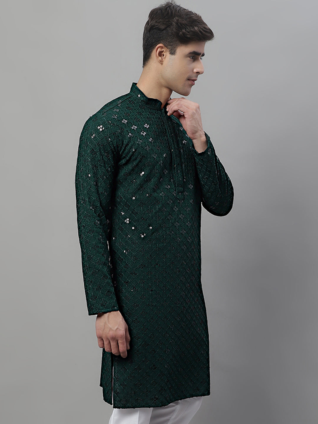 Jompers Men's Olive Green Chikankari Embroidered and Sequence Kurta | Grocsy