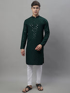 Jompers Men's Olive Green Chikankari Embroidered and Sequence Kurta | Grocsy