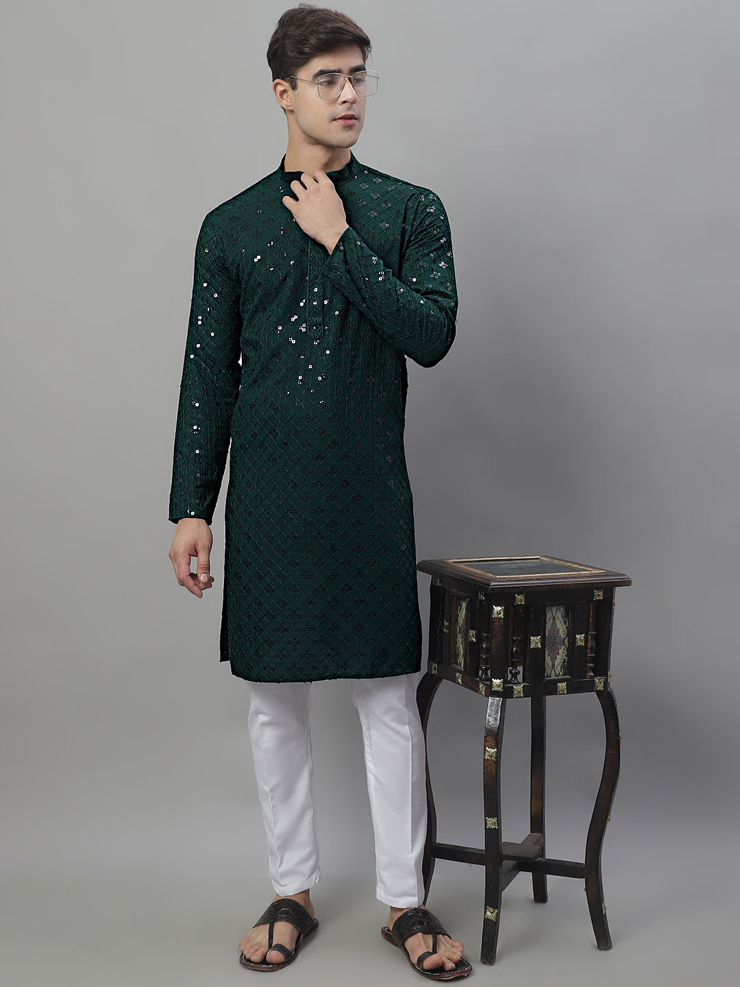 Jompers Men's Olive Green Chikankari Embroidered and Sequence Kurta | Grocsy