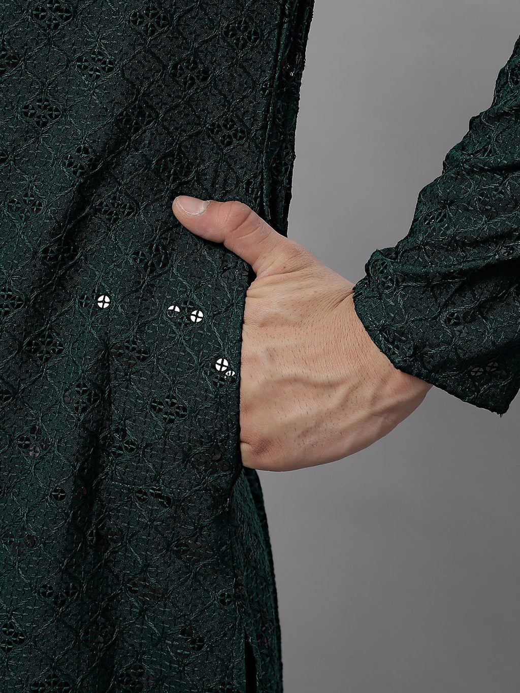 Jompers Men's Olive Green Chikankari Embroidered and Sequence Kurta | Grocsy