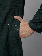 Jompers Men's Olive Green Chikankari Embroidered and Sequence Kurta | Grocsy