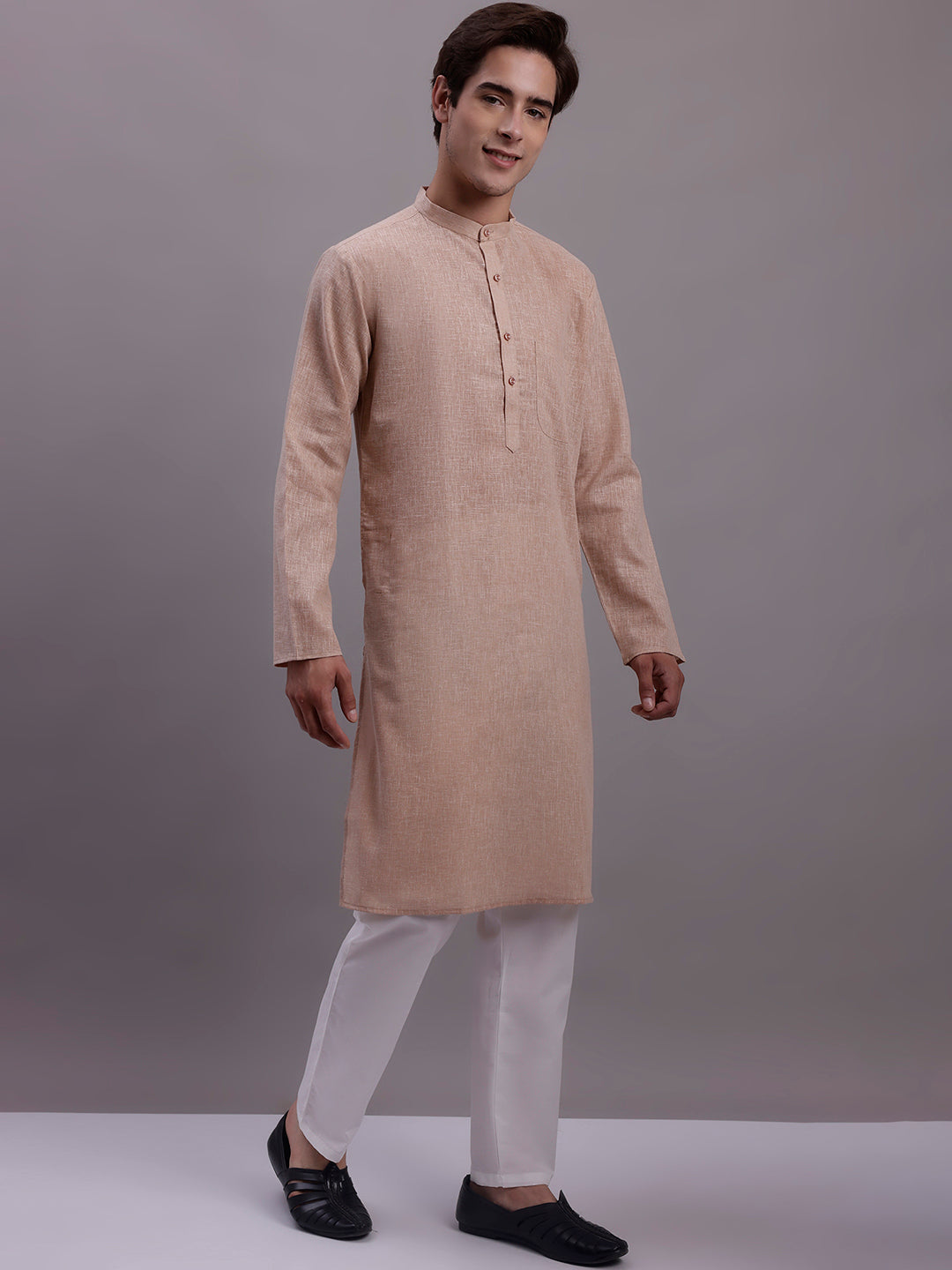 Jompers Men's Solid Pure Cotton Kurta - Beige | Grocsy