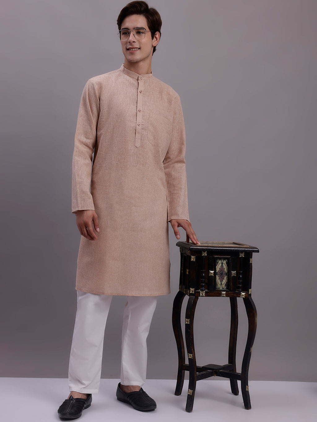 Jompers Men's Solid Pure Cotton Kurta - Beige | Grocsy