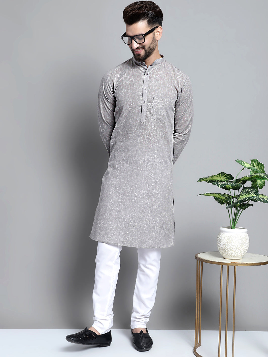 Jompers Men's Solid Pure Cotton Kurta Only - Grey | Grocsy