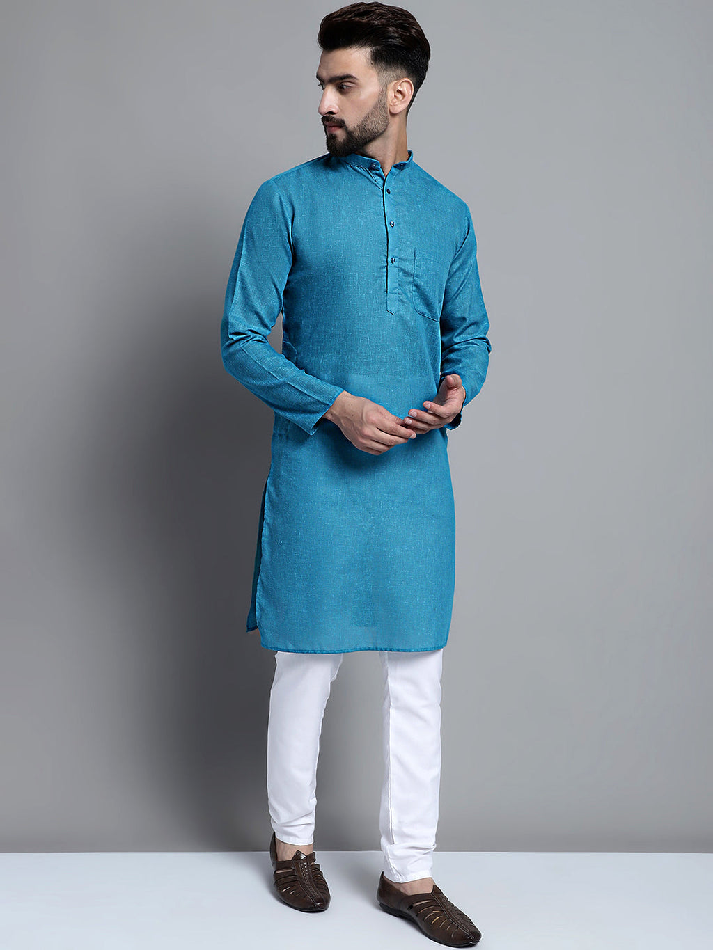 Jompers Men's Solid Pure Cotton Kurta Only - Peacock | Grocsy