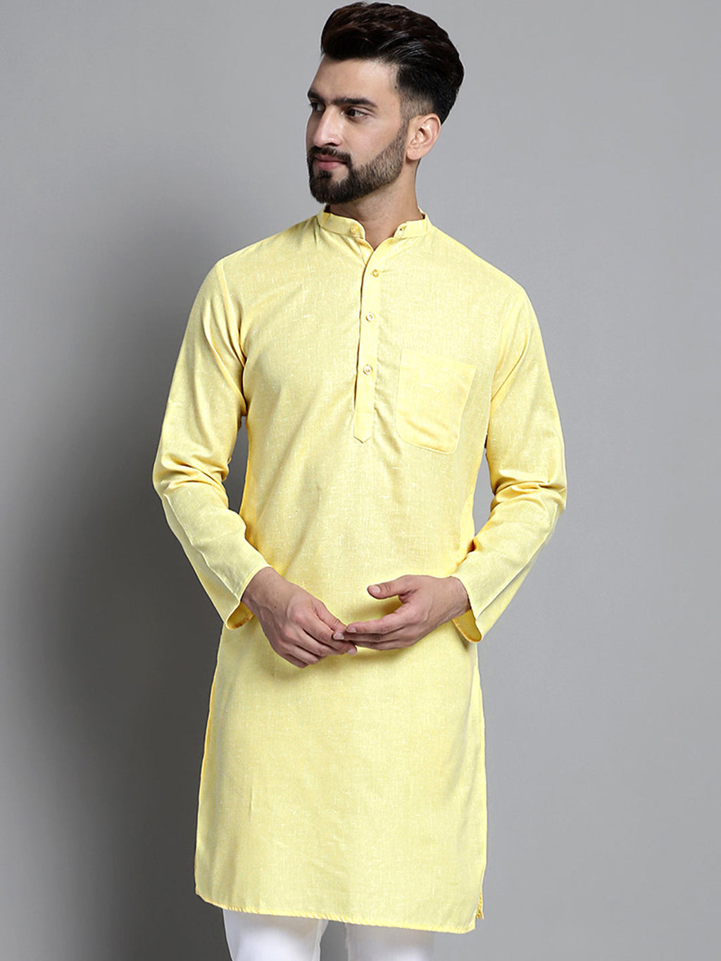 Jompers Men's Solid Pure Cotton Kurta Only - Yellow | Grocsy
