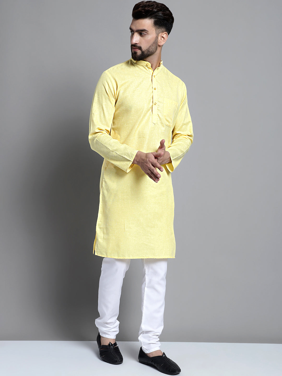 Jompers Men's Solid Pure Cotton Kurta Only - Yellow | Grocsy