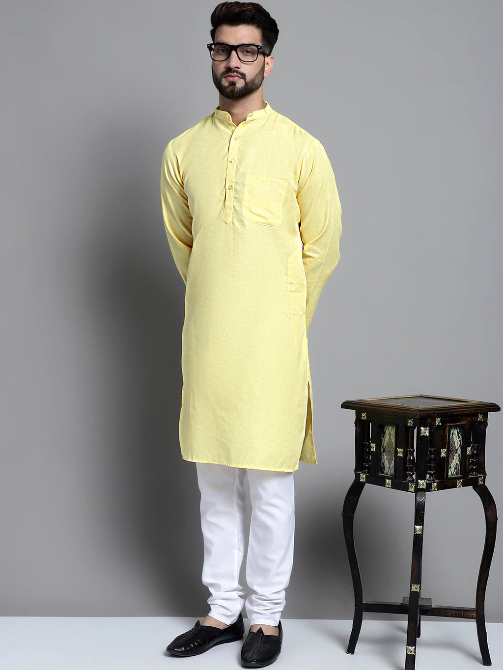 Jompers Men's Solid Pure Cotton Kurta Only - Yellow | Grocsy