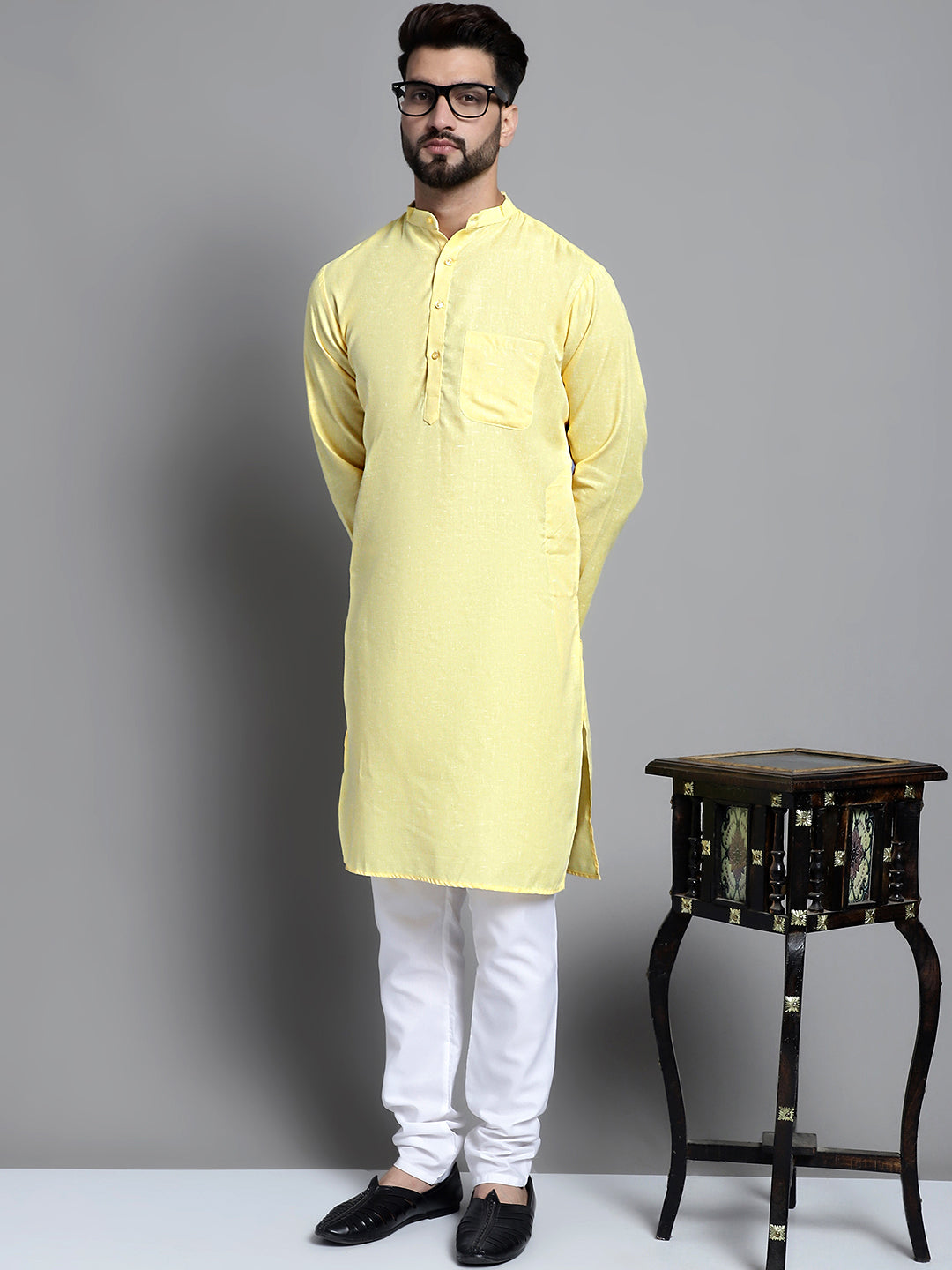 Jompers Men's Solid Pure Cotton Kurta Only - Yellow | Grocsy