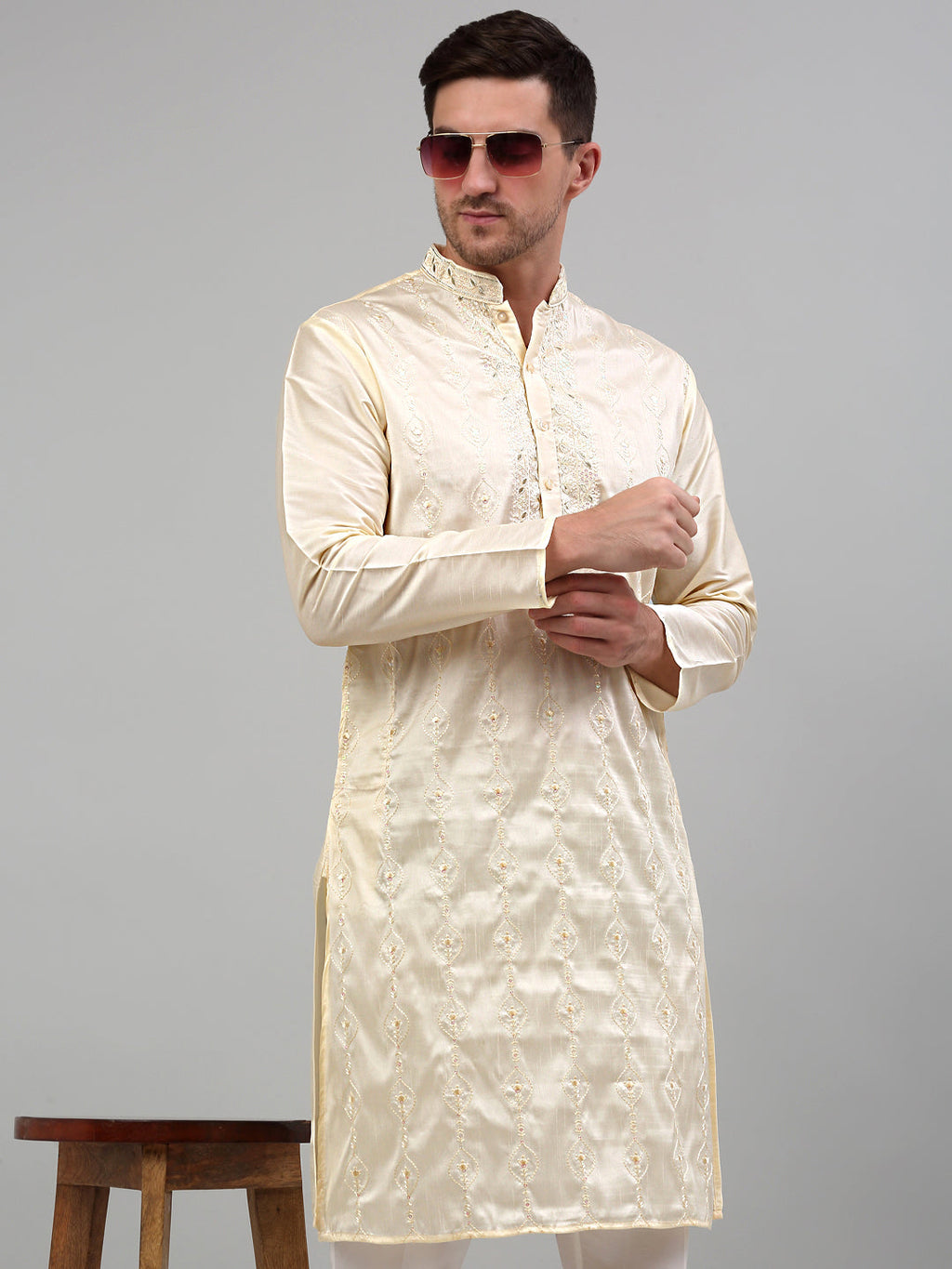 Jompers Men's Cream Embroidered Kurta Only | Grocsy