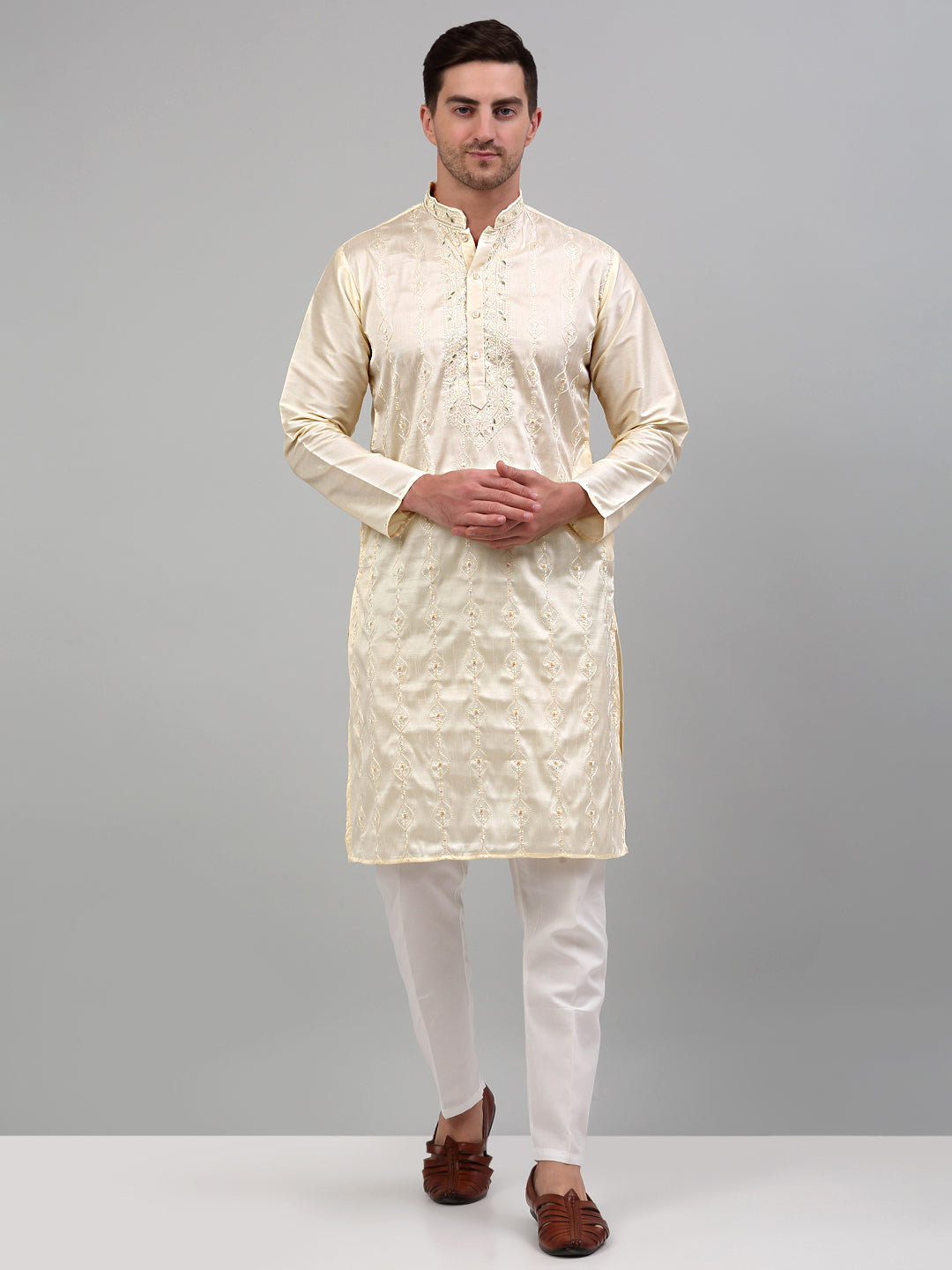 Jompers Men's Cream Embroidered Kurta Only | Grocsy