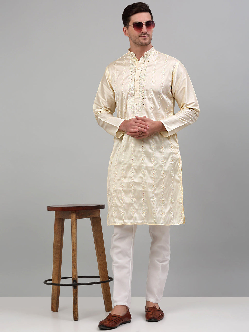 Jompers Men's Cream Embroidered Kurta Only | Grocsy