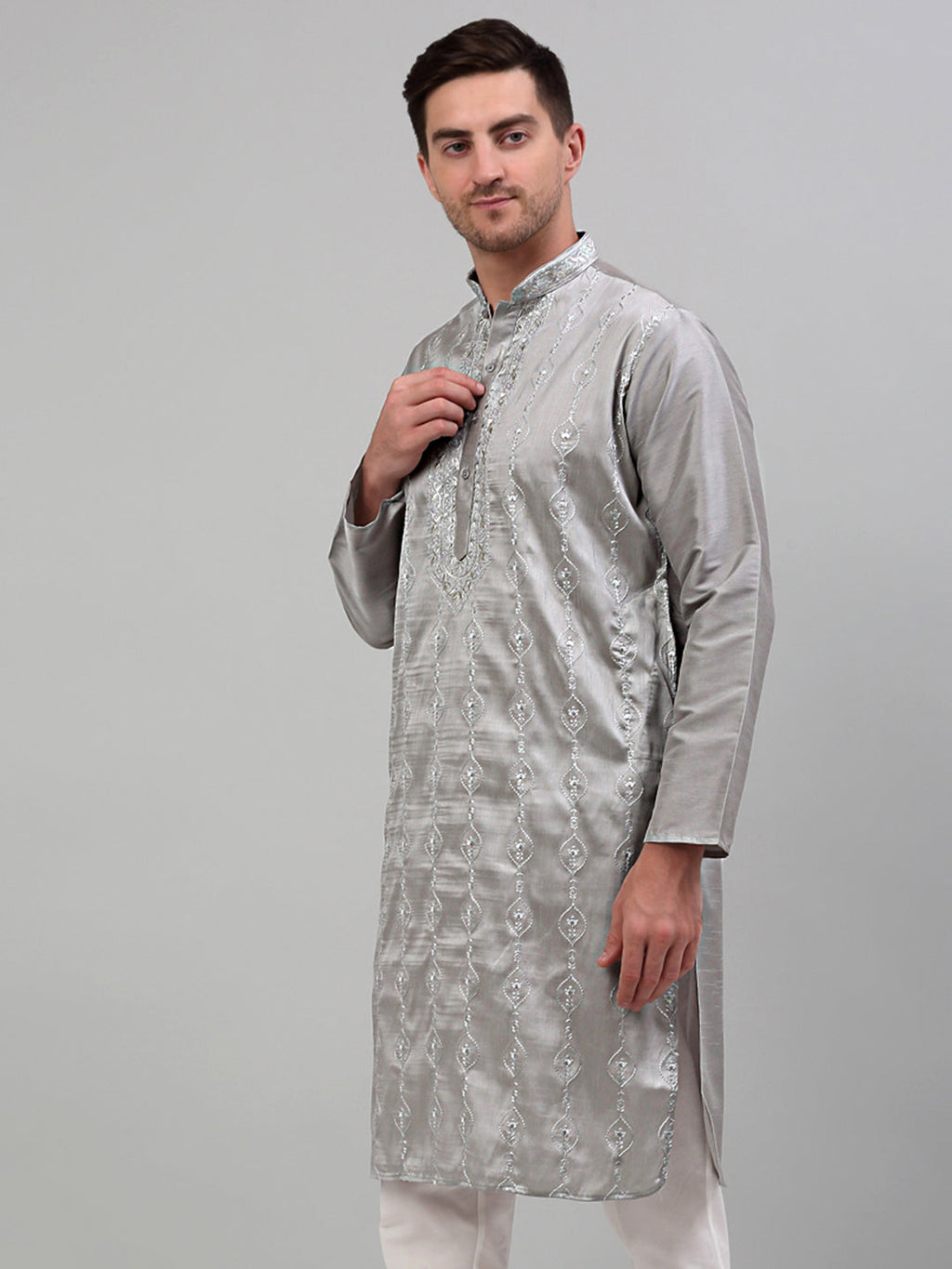 Jompers Men's Grey Embroidered Kurta Only | Grocsy