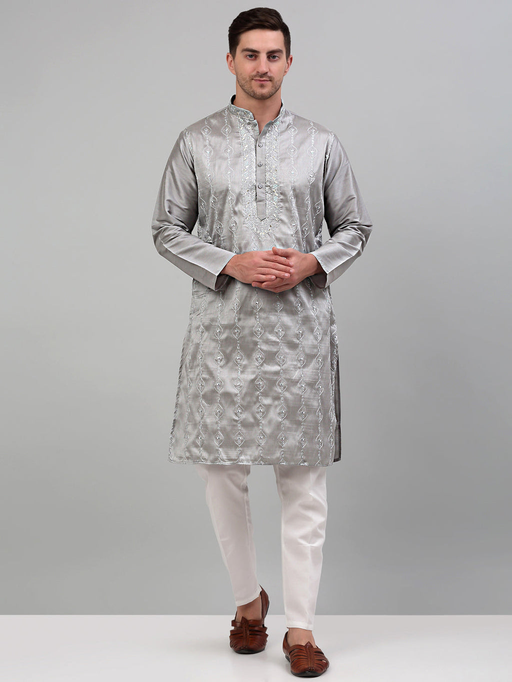 Jompers Men's Grey Embroidered Kurta Only | Grocsy