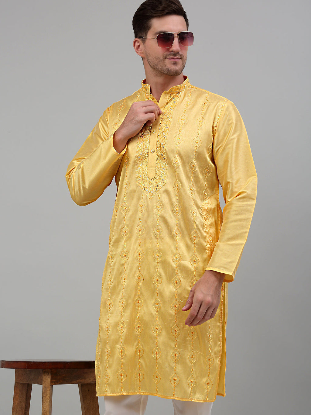 Jompers Men's Yellow Embroidered Kurta Only | Grocsy