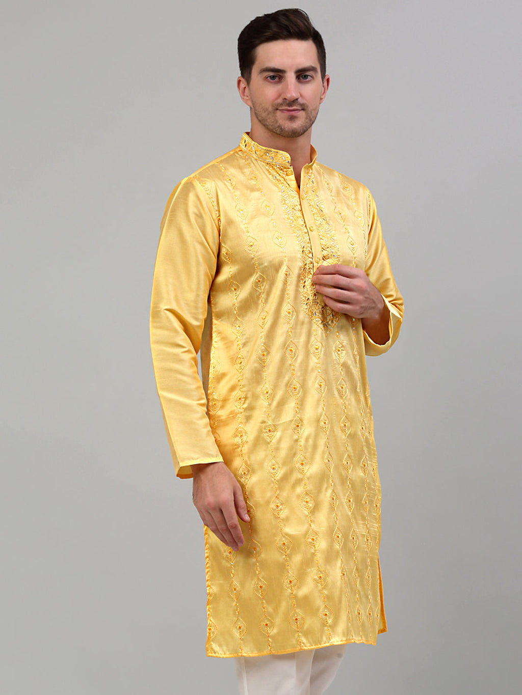 Jompers Men's Yellow Embroidered Kurta Only | Grocsy