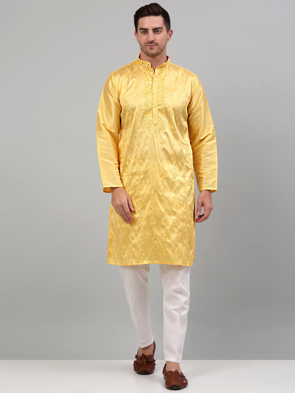 Jompers Men's Yellow Embroidered Kurta Only | Grocsy