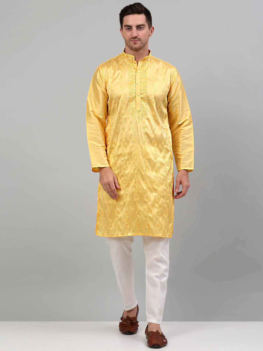Jompers Men's Yellow Embroidered Kurta Only | Grocsy