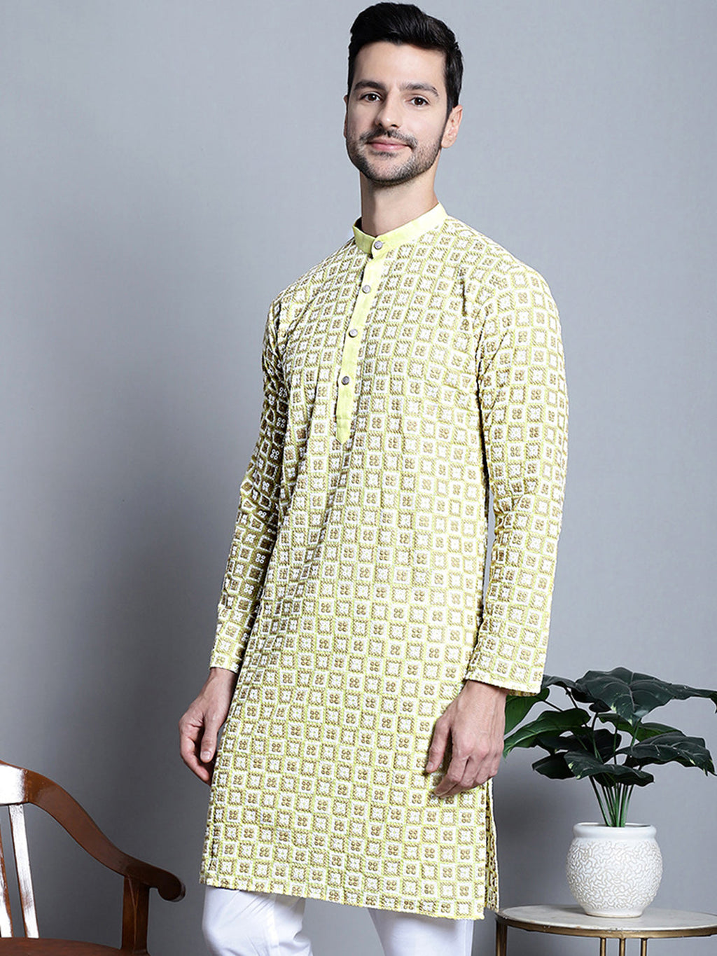 Jompers Men's Yellow Embroidered Kurta Only | Grocsy