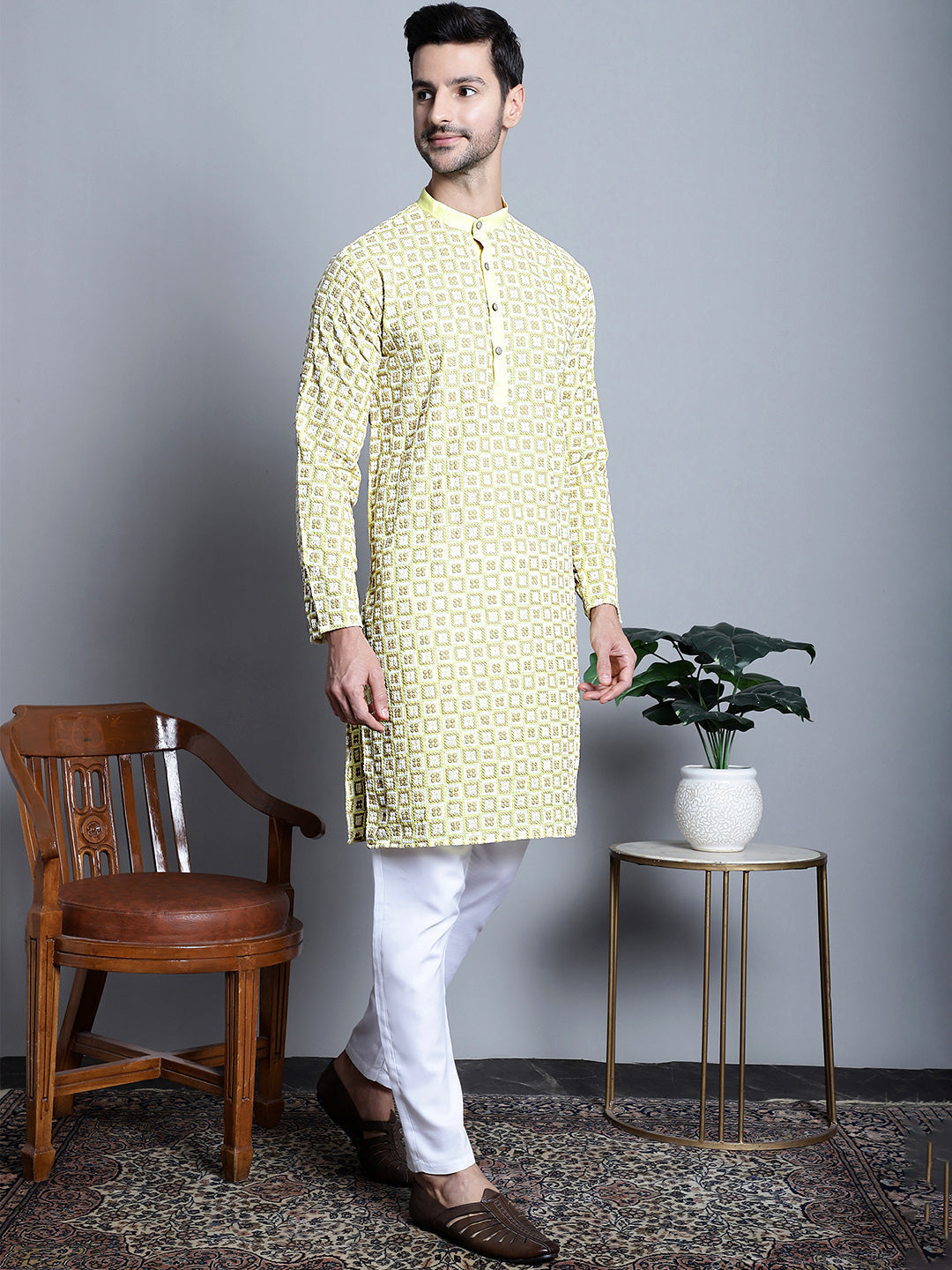 Jompers Men's Yellow Embroidered Kurta Only | Grocsy