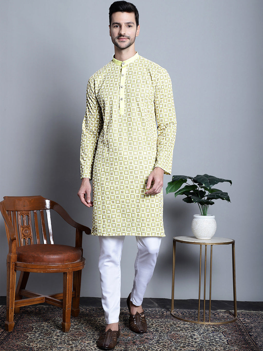 Jompers Men's Yellow Embroidered Kurta Only | Grocsy
