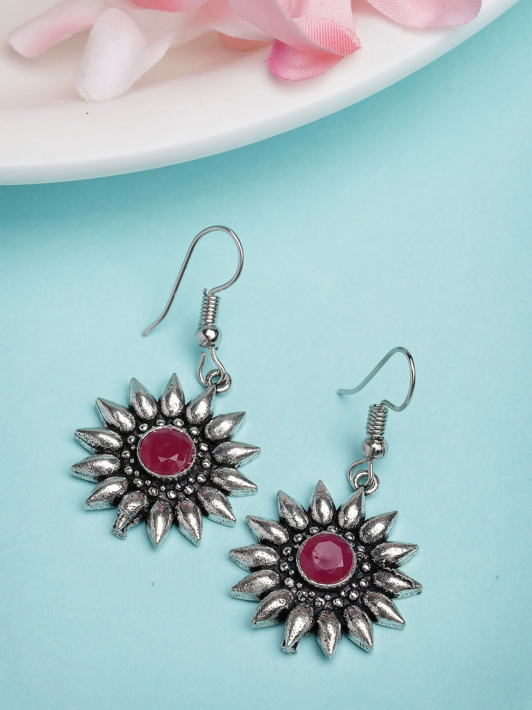 NVR Women's Silver-Toned Artificial Stones German Silver Oxidised Drop Earrings | Grocsy