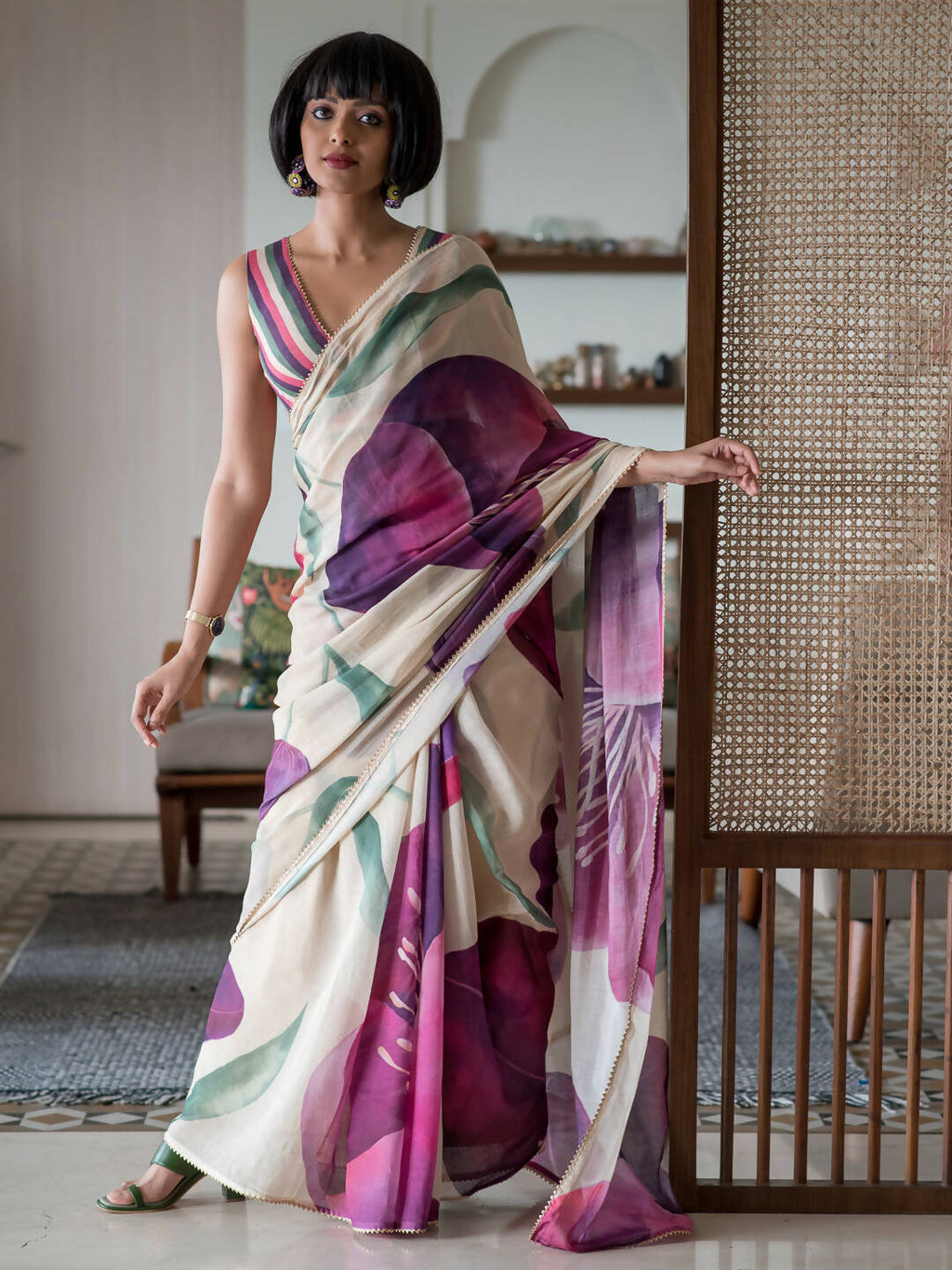 Suta Beige Floral Pure Cotton Saree | Grocsy