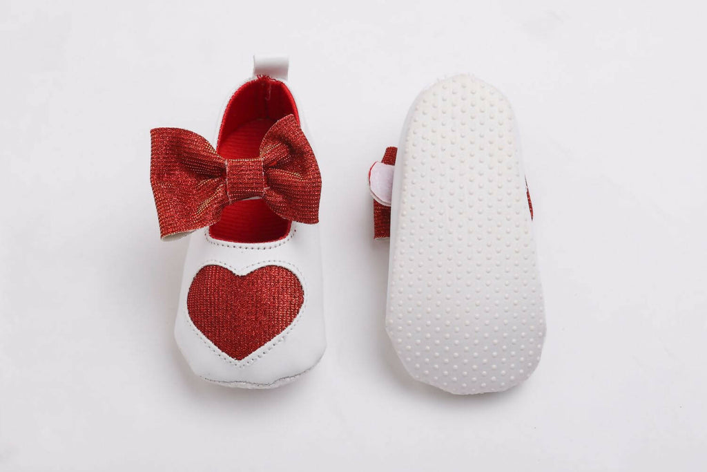 Tiny Bugs Girls Heart Bow Detailing Booties - White & Red | Grocsy