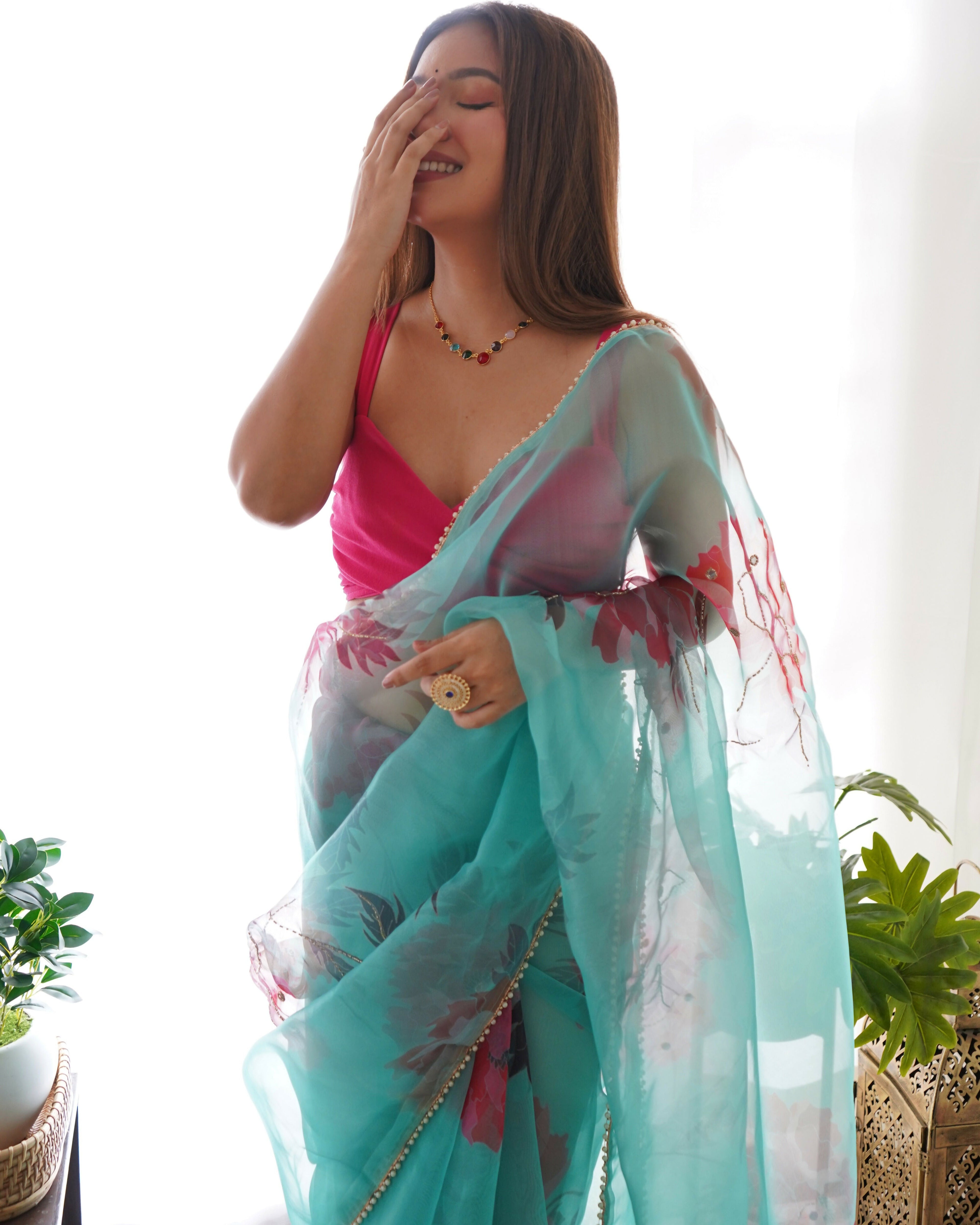 Vamsee Sabhysanchi Sky Organza Saree | Grocsy