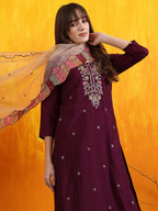 Hand Embroidered Kurta With Pant & Embroidered Organza Dupatta, Purple - Hiral Fashion | Grocsy
