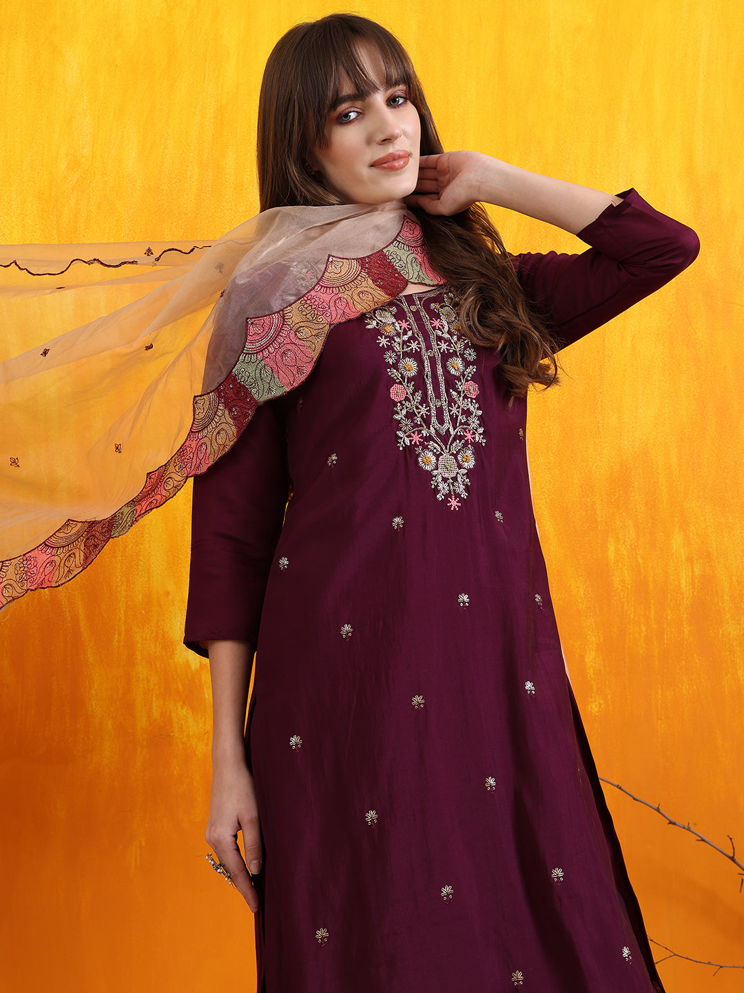 Hand Embroidered Kurta With Pant & Embroidered Organza Dupatta, Purple - Hiral Fashion | Grocsy