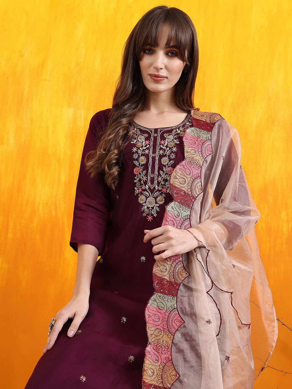 Hand Embroidered Kurta With Pant & Embroidered Organza Dupatta, Purple - Hiral Fashion | Grocsy